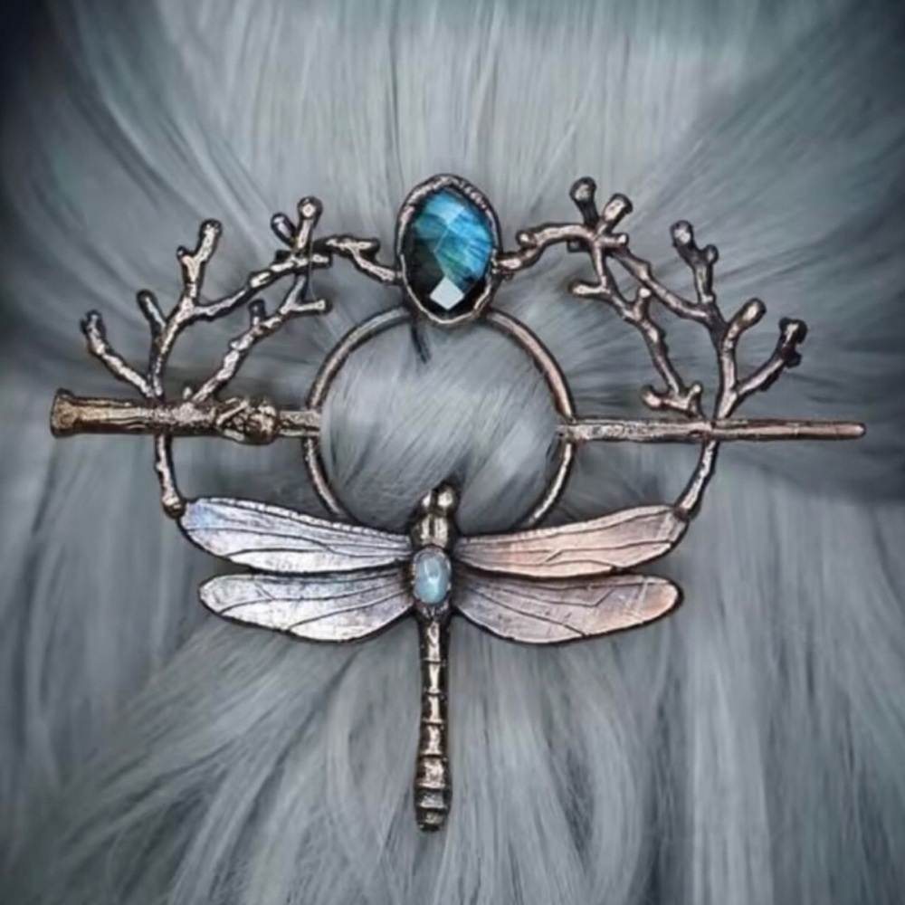 Artisan Dragonfly Hair Accessory in Iridescent Blue and Antique Bronze
